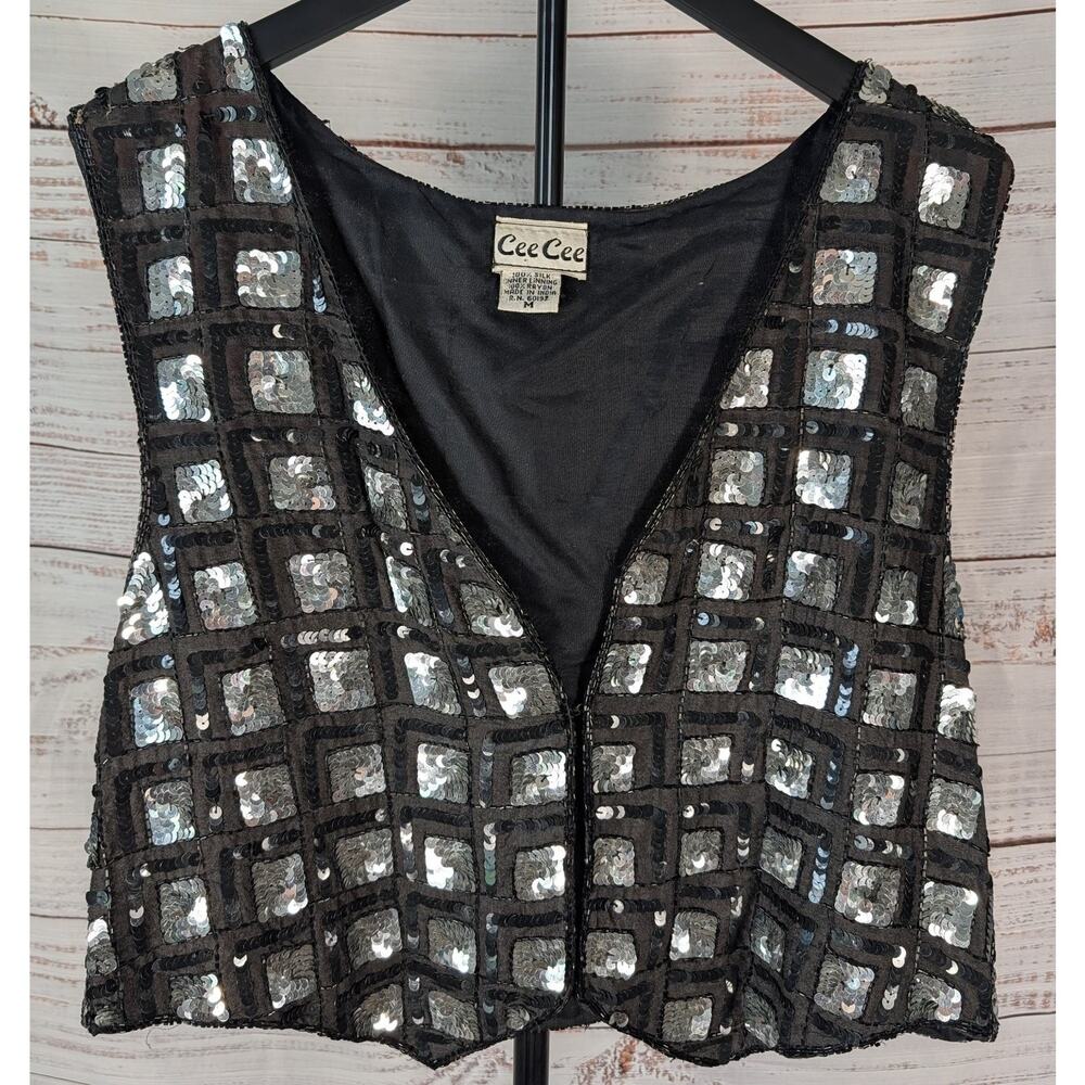 Vintage Cee Cee Women's Vest Top Black Silver M Sequin Beaded Silk Rayon